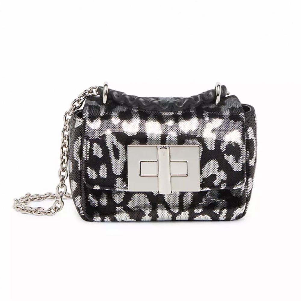 TOM FORD SEQUIN LEOPARD SHOULDER BAG IN BLACK AND SILVER GUNMETAL TONE HARDWARE